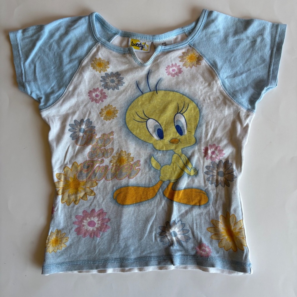Vintage Y2K Tweety Bird Looney Tunes Top Blue White Floral Girls Size 10